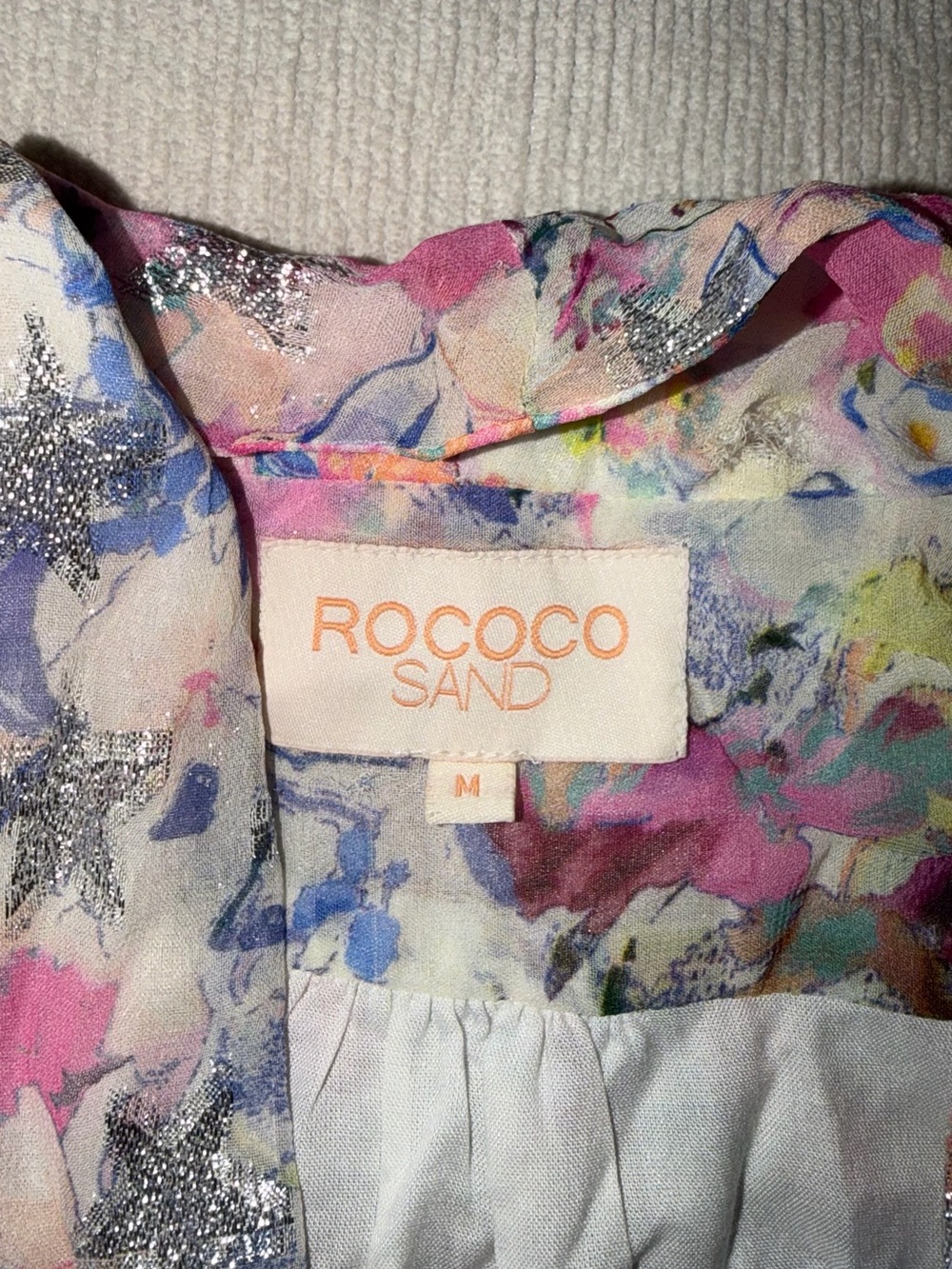 Rococo Sand Dress Multi-Color Floral Metallic Star Long Sleeve Medium - Picture 3 of 7